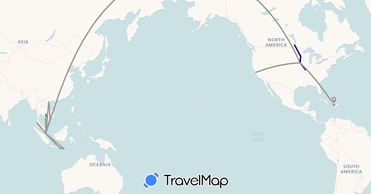TravelMap itinerary: driving, bus, plane in Canada, Haiti, Indonesia, Cambodia, Malaysia, Singapore, Thailand, United States, Vietnam (Asia, North America)